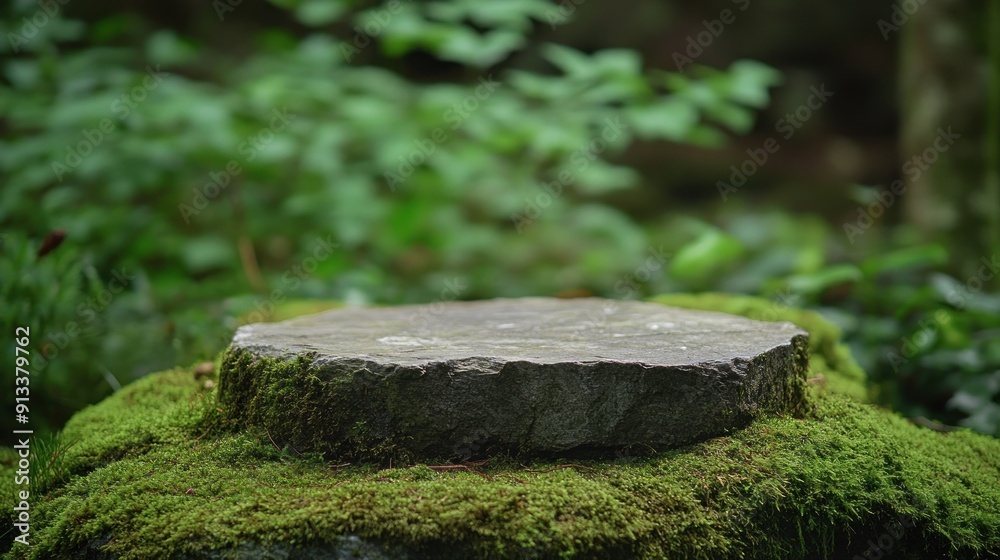 Poster stone platform covered in moss with a blurred green background