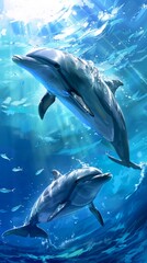 Image of Vibrant underwater scene of two dolphins gracefully swimming in the deep blue ocean. Beautiful marine life captured with stunning detail and bright blue tones. Ideal for nature and wildlife themes. AI printed on Printed Aluminium Shower Panels