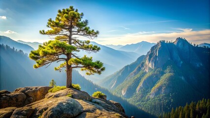 Tall pine tree standing on a majestic mountain, nature, landscape, wilderness, forest, pine, tree, mountain, peak, towering