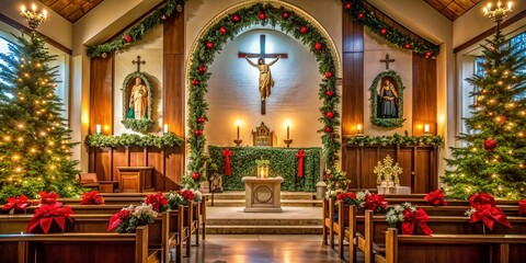Obraz premium Christmas decorations in a church including wreaths, candles, and nativity scenes, Christmas, decoration, church