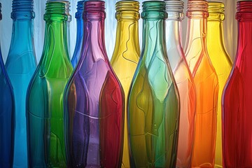 A row of colorful bottles with a rainbow effect