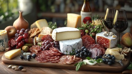 Gourmet Cheese and Salami Platter with Grapes and Wine