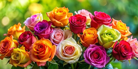 Fototapeta premium Beautiful bunch of vibrant roses , roses, flowers, bouquet, colorful, petals, botanical, flora, romantic, garden, nature, vibrant