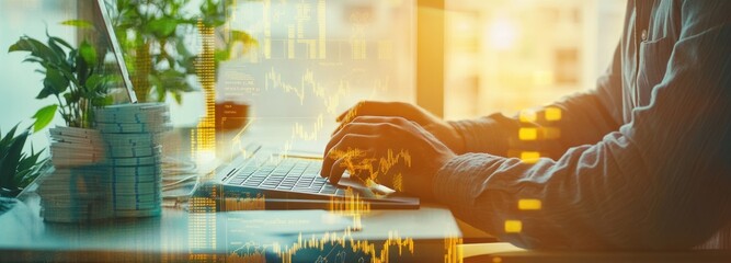 Person working on a laptop with financial data overlayed