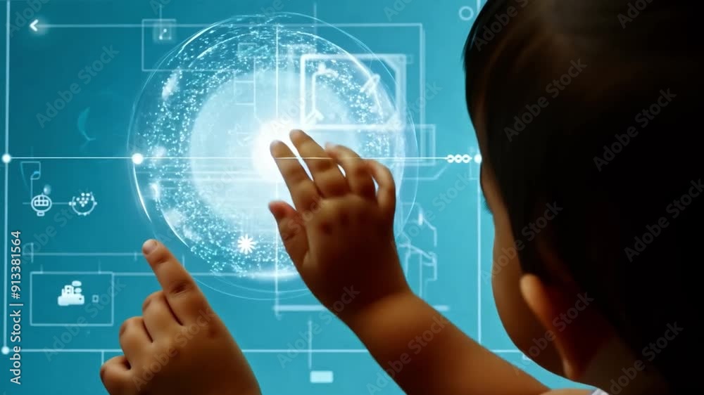 Aufkleber A young child curiously interacts with a digital interface showcasing vibrant graphics and symbols, exploring a world of technology and learning.