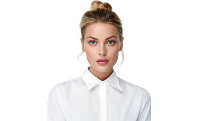 Portrait of a beautiful European woman with blonde hair and clean skin, isolated on transparent background