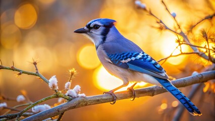 A majestic blue jay sitting elegantly on a delicate tree branch, its feathers glistening under the golden morning light.