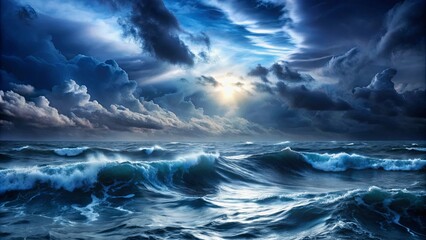Fototapeta premium Dark stormy sea with waves under a night sky , sea, storm, waves, night, sky, clouds, ocean, nature, weather