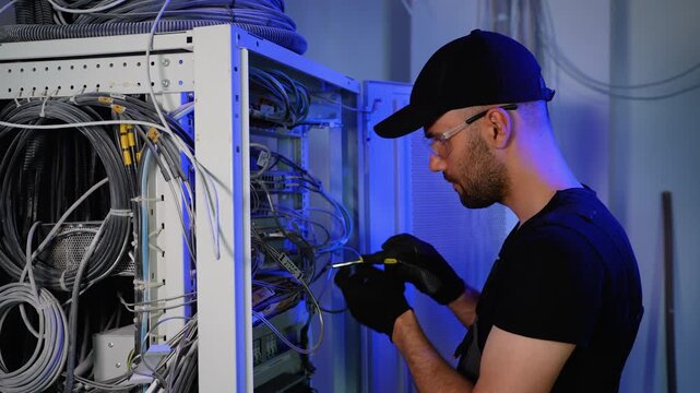 It engineer is working with internet equipment and wires in server room - Powered by Adobe