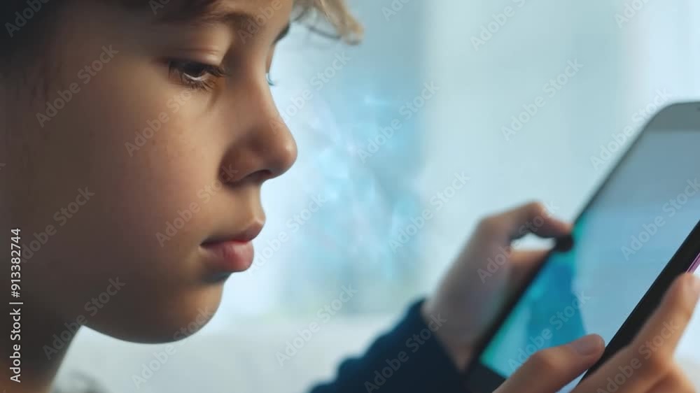 Poster a young child focuses intently on a mobile game, holding the device close and immersed in the activi