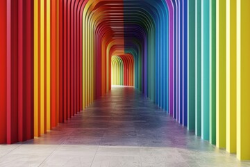 A long hallway with rainbow colored pillars