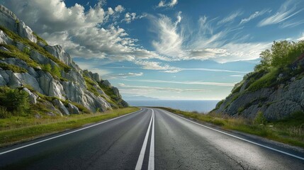 Naklejka premium A scenic road stretching towards the horizon, flanked by green hills and blue skies, inviting a sense of adventure and tranquility.