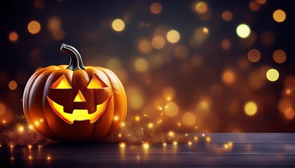Fototapeta premium イラストのハロウィーンのカボチャとキラキラした背景とコピースペース（Illustration Halloween Pumpkin With Lights And purple Sparkle Bokeh Background. copy space.） 