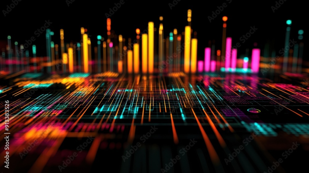 Poster Abstract Neon Lightscape with Grid Pattern