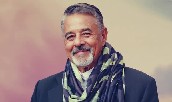 Group portrait of a Brazilian man in his 60s in a pastel or soft colors background wearing a foulard
