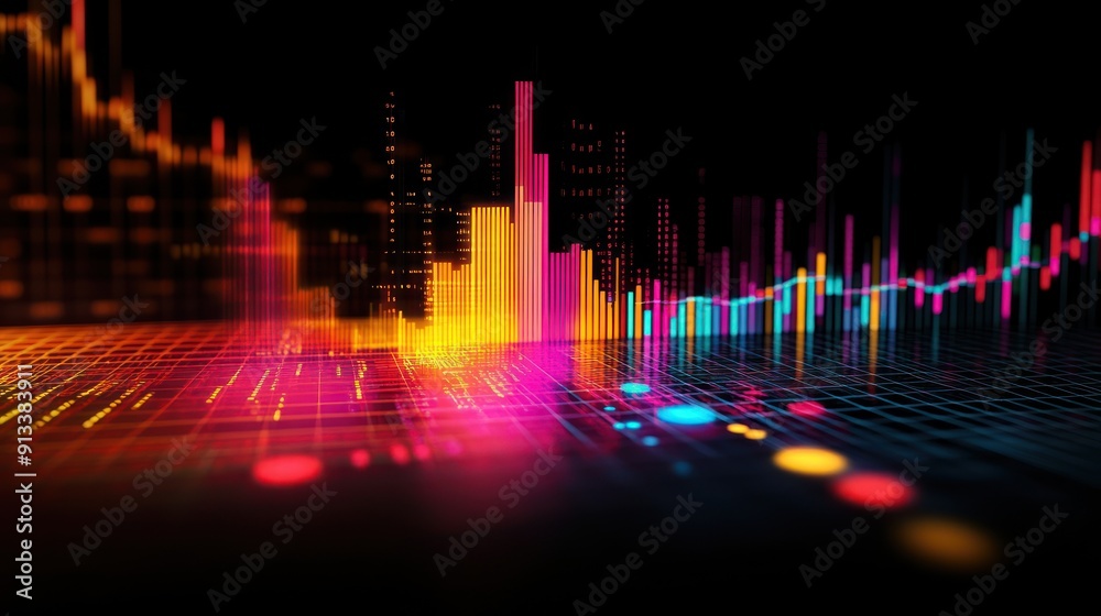 Poster Neon Colored Data Visualizations on a Digital Grid