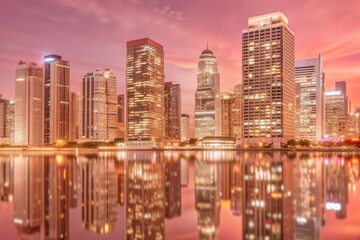 Fototapeta premium A city skyline with a beautiful pink and orange sky in the background