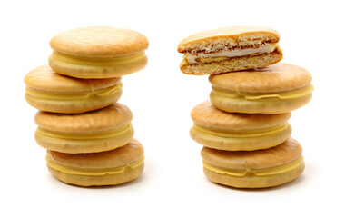 Banana filled pie on white background