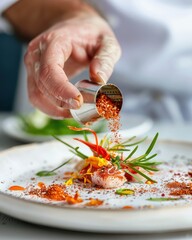 Chef Sprinkling Spices on Gourmet Dish at Restaurant