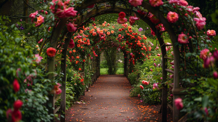 Floral Archway: An archway covered in blooming flowers, with a pathway leading into a garden. no darkness