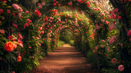 Floral Archway: An archway covered in blooming flowers, with a pathway leading into a garden. no darkness