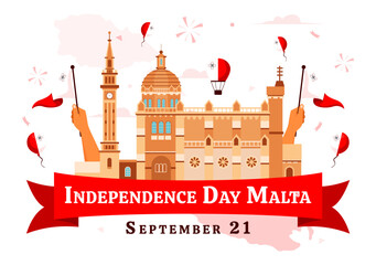 Naklejka premium Happy Independence Day of Malta Vector Illustration Celebrating 21st September with a Waving Flag in a National Holiday Flat Style Cartoon Background