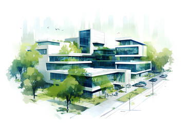 aerial view Modern corporate building architecture sketch design mix , blue green tones, over white. blue green watercolor strokes, white background AI generated
