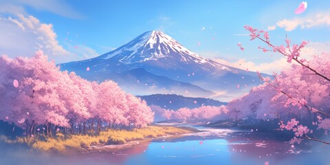 Fototapeta premium Enchanting Anime-Inspired Cherry Blossom Dreamscape: Mount Fuji Majesty Amidst Pink Sakura Trees. Serene 4K Wallpaper Blending Traditional Japanese Scenery with Whimsical Animation Style for Digital A