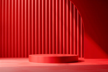 A vibrant red studio scene featuring curved lines and geometric shapes, perfect for modern displays or artistic compositions.