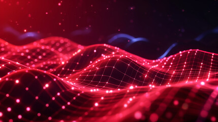 Abstract digital landscape with vibrant red waves, illuminated dots, and flowing lines, creating a futuristic and dynamic atmosphere.