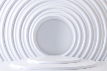 Elegant white background with circular patterns and a podium, ideal for presentations, displays, or product showcases.