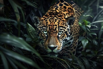 Obraz premium A Jaguar's Glowing Eyes Peer Through Lush Jungle Foliage