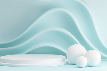 Minimalistic design featuring soft waves and spherical shapes in soothing pastel blue and white tones, ideal for modern backgrounds.