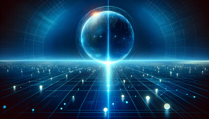 Obraz premium Futuristic Glowing Sphere Over Grid in Sci-Fi Digital Artwork