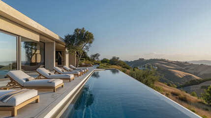 Infinity Pool: A sleek pool with views of rolling hills, modern lounge chairs, and minimalistic decor. no darkness