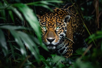 Obraz premium Jaguar Peering Through Lush Green Foliage