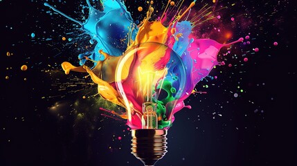 Attractive Creative light bulb explodes with colorful paint and splashes on a black background