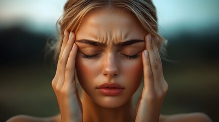Fototapeta premium A person holding their head with a pained expression, symbolizing headaches, migraines, or neurological pain.