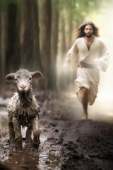 Jesus Saves The Lost Lamb, Divine Mercy in Action: Jesus Rescues a Stray Lamb.