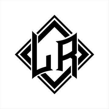recommend clip art: LR Letter logo with abstract shield shape with square black outline on white background design
