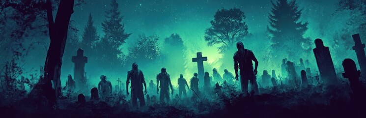 A group of zombies walking through a foggy graveyard at night