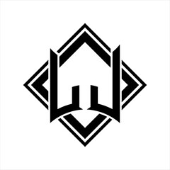 LJ Letter logo with abstract shield shape with square black outline on white background design