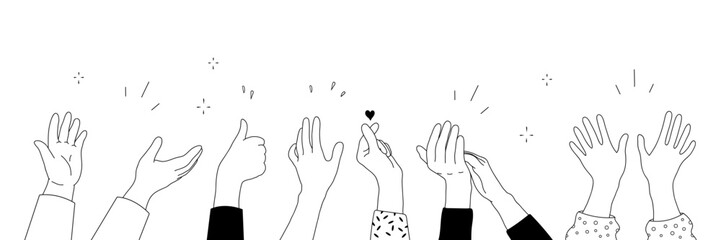 Applause hands set in doodle style. Human hands sketch with arms raised in gestures like clapping, thumbs-up and heart-finger symbols on a white background, vector illustration.