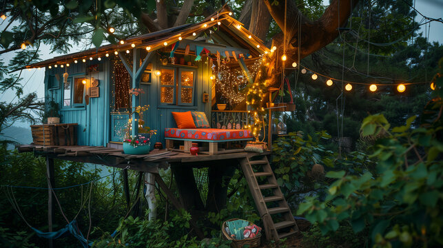 Treehouse Adventure: A whimsical treehouse with colorful decorations and fairy lights. no darkness