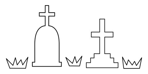 墓地の線画イラスト、十字架デザインのお墓	