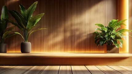 Modern Minimalist Wooden Stage with Plant, Warm Ambient Light, and Cozy Background