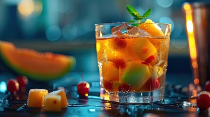 A refreshing cocktail served in a glass, featuring colorful fruits and ice, perfect for summer gatherings or parties.