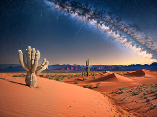 Dramatic Desert Landscape at Night with Milky Way Galaxy and Saguaro Cactus