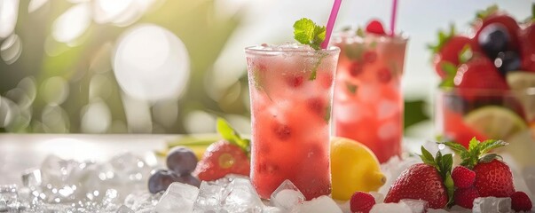 Refreshing fruit drink with ice and vibrant berries, perfect for summer gatherings and relaxation by the pool.