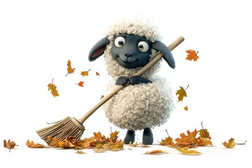 Sheep raking leaves